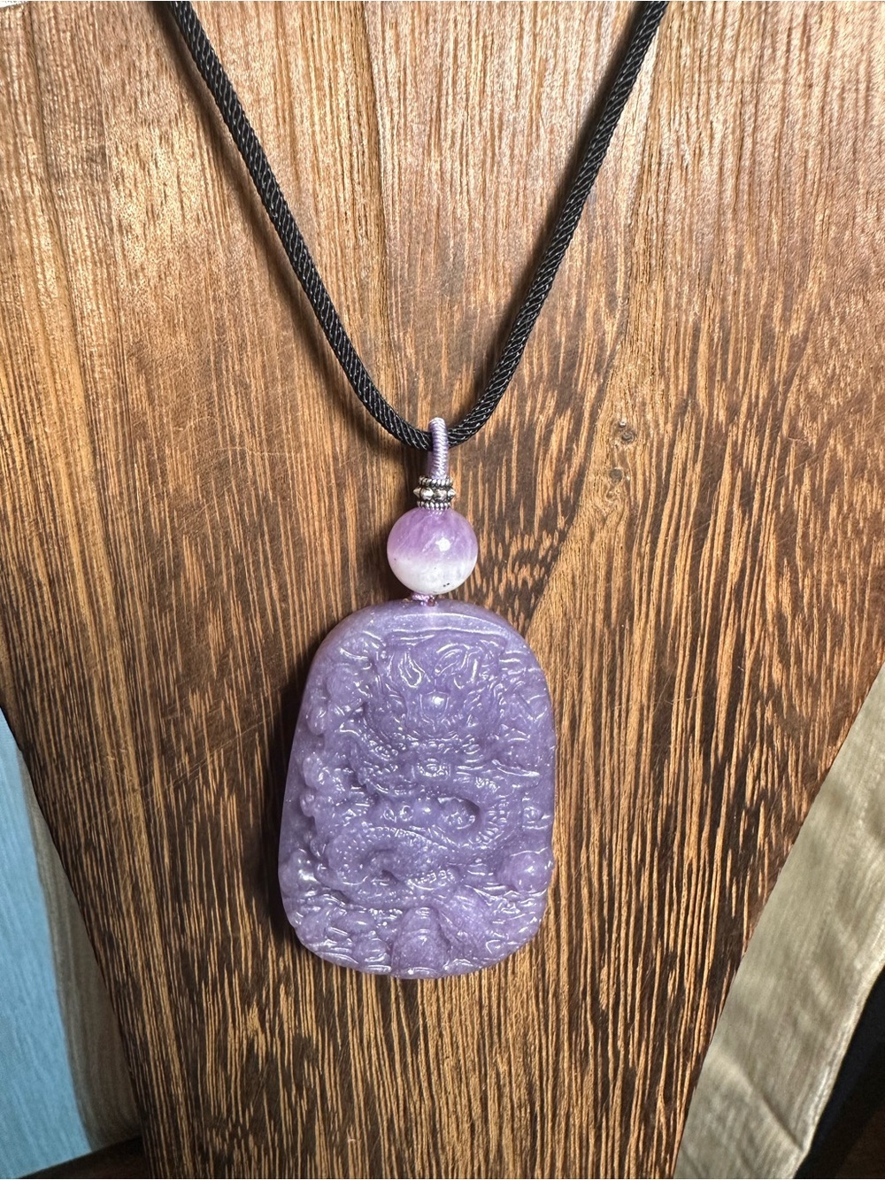 Lavender Carved Ocean Jasper Dragon Pendant Necklace with Half Bowl Amethyst - Picture 2 of 16